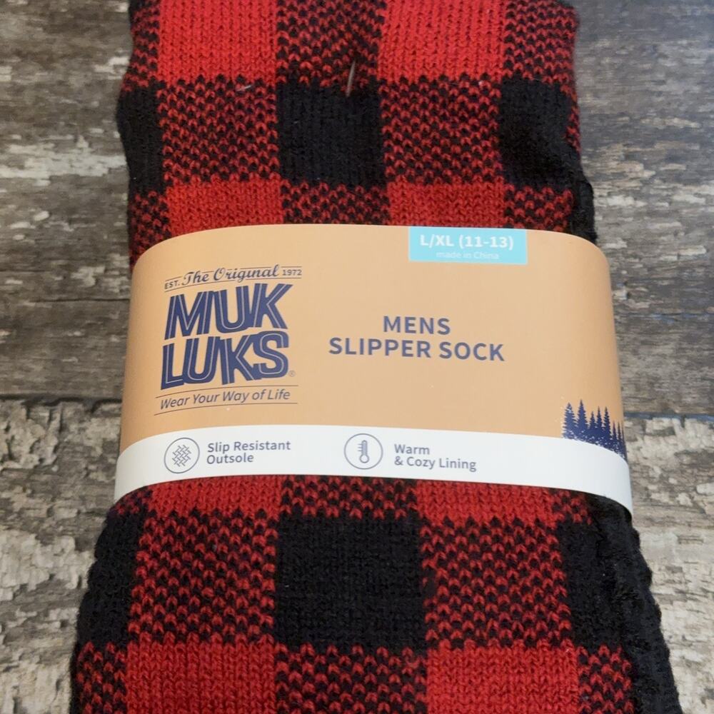 Muk Luks Slipper Sock Mens L XL Size 11-13 Buffalo Plaid Cozy Lined House Shoes - Picture 2 of 6